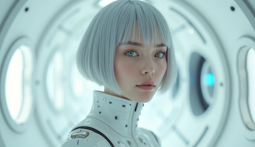 ((( Masterpiece )))、(((( better quality))))、(((Superb Details)))、( photorealistic )、(( beautiful girl ))、(( very beautiful and tender face and eyes .))、Lonely smile .、emphasis on the face、 Short silver-grey bob 、 bluish-green eyes、 Cyborg girl in a white c...