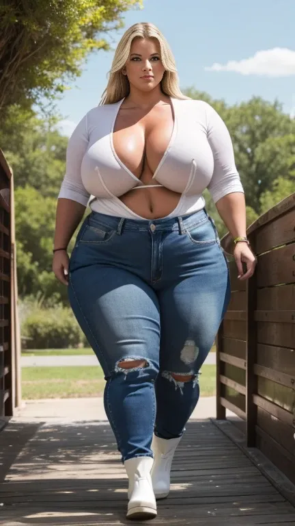 Photo from head to toe ,  full body view, Huge USBBW, large, curvaceous ,  sweaty, muscular male,  wide hips, Goddess blonde , ripped jeans, Unbuttoned white low neckline top,  rubber boots,  devot , significant tanning streaks, On the willow  , fullbodysh...