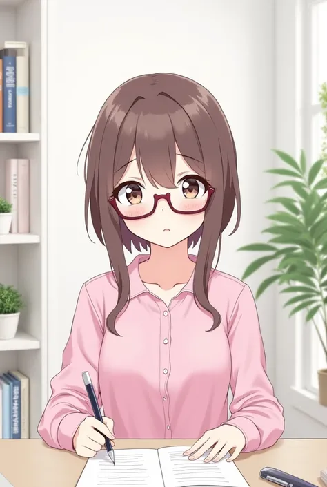 Anime image of a cute girl wearing glasses as a writer, white, transparent in pink shirt, facing straight, sitting at work, very cute . The background is a white office decorated with shelves of books and plants decorating the room. 