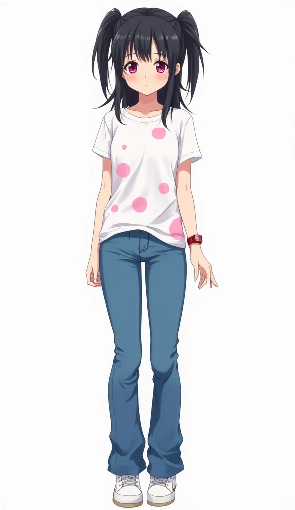 Japanese anime adolescent woman with medium long straight black hair with two short pigtails and locks and intense magenta eyes and pink nails and wears a red watch on her left wrist and wears a white t-shirt slightly with pink spots and blue jeans with a ...