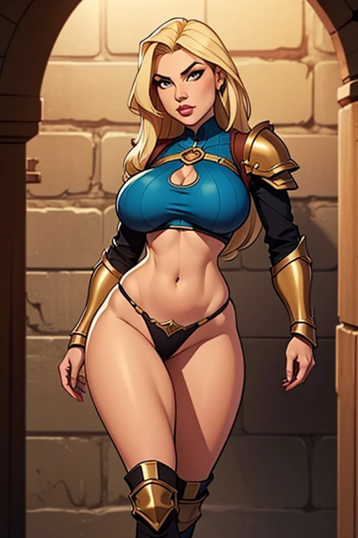 Front view, half body, fantasy character, 50 years old milf, she is a warrior, beautiful face, long blonde hairs, enormous natural tits, wearing a skimpy brown leather armor, slim waist and large hips, location is a dungeon, dim light