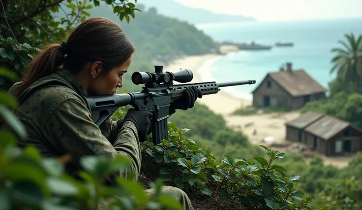 Female soldier with a sniper in the middle of some bushes on top of a hill looking at a small beach with some abandoned boats and a shed far off the coast