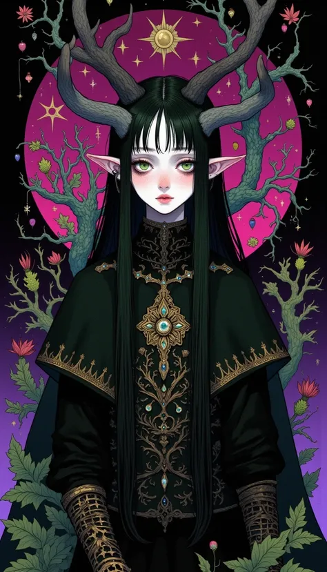  A young man  ,  Long straight hair ,   Dark Green Hair  ,  God of the Forest  ,   wearing medieval Druid costumes ,  Wearing two elk horns on the head  ,  Pointed ears ,   green eyes , peaceful, Quiet,   Beautiful Face,,  on a dark and desolate peak  ,   ...