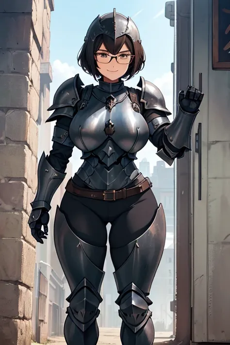 female, black short hair, brown eyes, (((1girl))), (((metal armor))), (metal breastplate), (black pants), (metal armored gauntlets), (metal armored leg guards), (metal armored hip guards), (metal knight's helmet), (glasses), cute and sexy, full body, huge ...