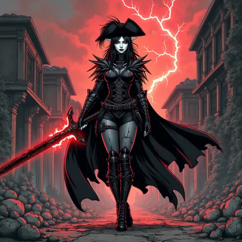 A full-body illustration of a fierce female warrior standing among the ruins of an abandoned village, wielding a red longsword with black veins. She has snow-white skin, pointy ears, red eyes, and long black hair in a ponytail with loose strands. A feather...