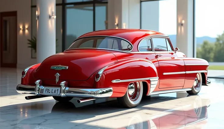 Ultra-photorealistic ( 1952 Chevrolet Fleetline )  parked in a luxury showroom. Shot from ( only back left side view )  to emphasize (FOCUS: exterior design + door angles), featuring liquid-metallic red paint, ice-blue LED headlights (OFF), chrome accents,...