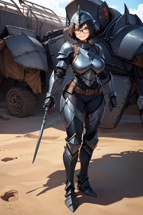 female, black short hair, brown eyes, (((1girl))), (((metal armor))), (metal breastplate), (black pants), (metal armored gauntlets), (metal armored leg guards), (metal armored hip guards), (metal knight's helmet), (glasses), cute and sexy, full body, huge ...