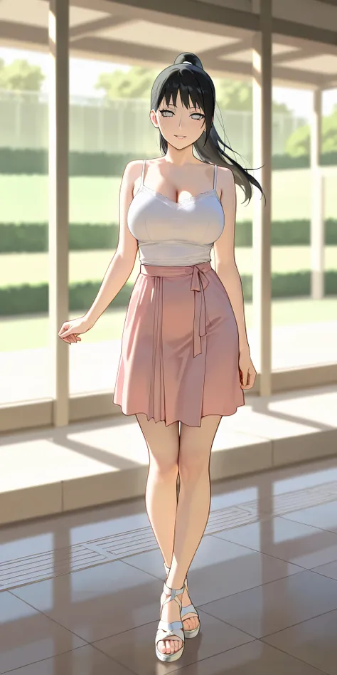 Masterpiece, elegant mature woman, hinata hyuga\(naruto\), high ponytail long hair, white eye color, tall body, white camisole, pink tennis skirt,  white gladiator style strappy sandals, full body, parted lips, smile, dynamic lighting, ultra detailed, high...