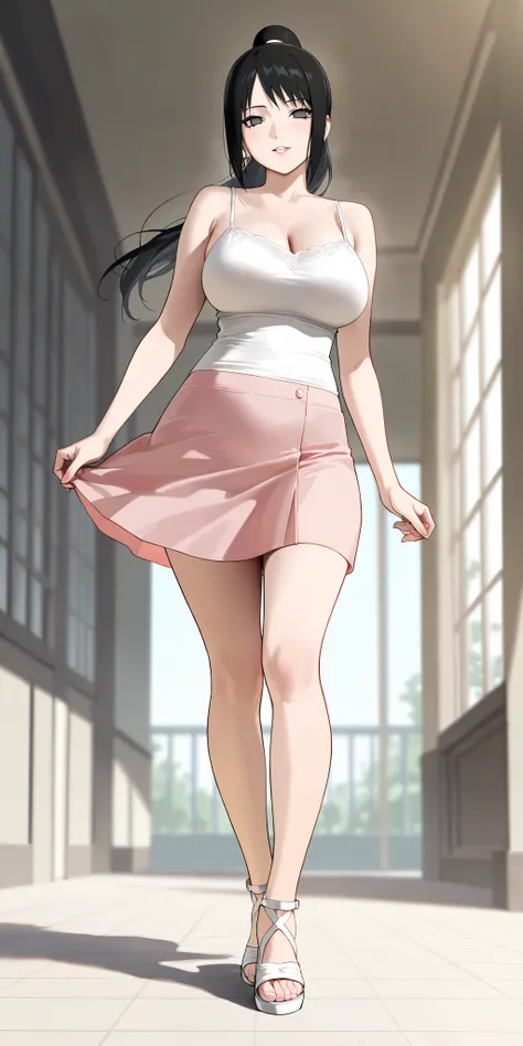 Masterpiece, elegant mature woman, hinata hyuga\(naruto\), high ponytail long hair, white eye color, tall body, white camisole, pink tennis skirt,  white gladiator style strappy sandals, full body, parted lips, smile, dynamic lighting, ultra detailed, high...