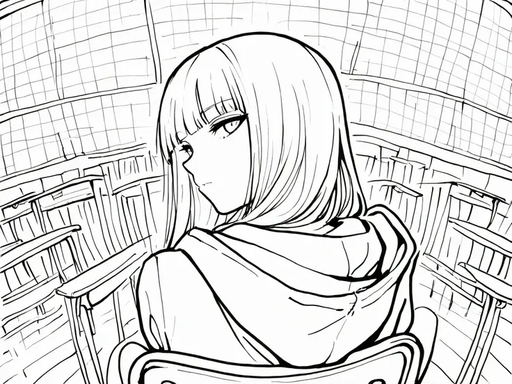 1girl, blunt bangs, grey eyes, long hair, white hoodie, sitting on chair, looking back towards viewer, classroom background, foreshortening, detailed background, Timbrook, masterpiece, line art, lineart, greyscale, monochrome, (masterpiece: 1.0), best qual...