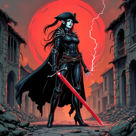 A full-body illustration of a fierce female warrior standing among the ruins of an abandoned village, wielding a red longsword with black veins. She has snow-white skin, pointy ears, red eyes, and long black hair in a ponytail with loose strands. A feather...