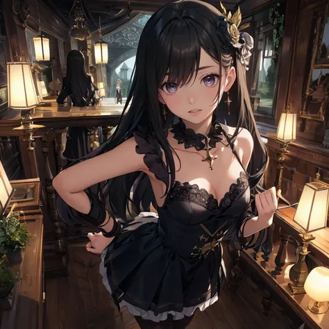 masterpiece。best quality。(a dark, gothic, and classical anime style CG:1.2)。super high definition。8k wallpaper。detailed。attention to beautiful details。Hues and overall tones are dark or cool。dynamic composition。dynamic angle。shallow depth of field。The layo...