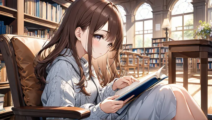 A 18-year-old girl with long brown hair 、Reading a book in the library。
background：A quiet corner of the library.
expression：Calm and intelligent expression.
Costume：Casual and relaxed clothing。
Pause：Sitting on a chair、Turning the pages.
scene：Concentrate...