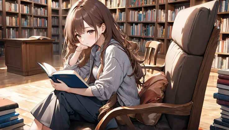 A 18-year-old girl with long brown hair 、Reading a book in the library。
background：A quiet corner of the library.
expression：Calm and intelligent expression.
Costume：Casual and relaxed clothing。
Pause：Sitting on a chair、Turning the pages.
scene：Concentrate...