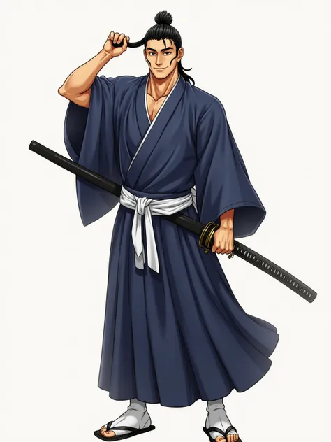  male、 Japanese、 musculoskeletal muscle々、Broad shoulders、 Height、 navy blue kimono、White belt、Tying hair 、Long sword、Holding a sword、samurai、 real 、 photos、 by Nomi、photograph、whole body、 high image quality、 smiles, Wide angle, solo