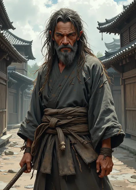 Japan、, an old ronin from the Edo period 、A dingy samurai 、 with unkempt hair wrapped around his head、 dirty face 、Dirty clothes、Vagabond