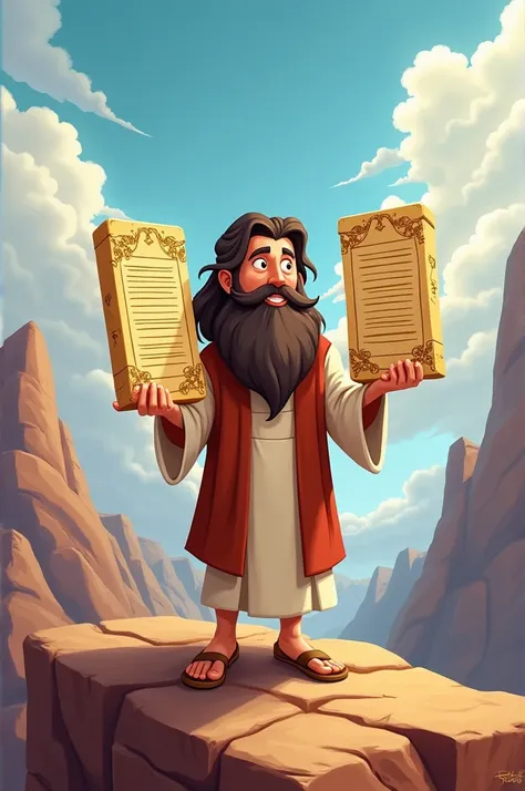 Apostle Moses with the 10 Commandments in his hand on Mount Sinai,  cartoon