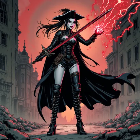 A full-body illustration of a fierce female warrior standing among the ruins of an abandoned village, wielding a red longsword with black veins. She has snow-white skin, pointy ears, red eyes, and long black hair in a ponytail with loose strands. A feather...