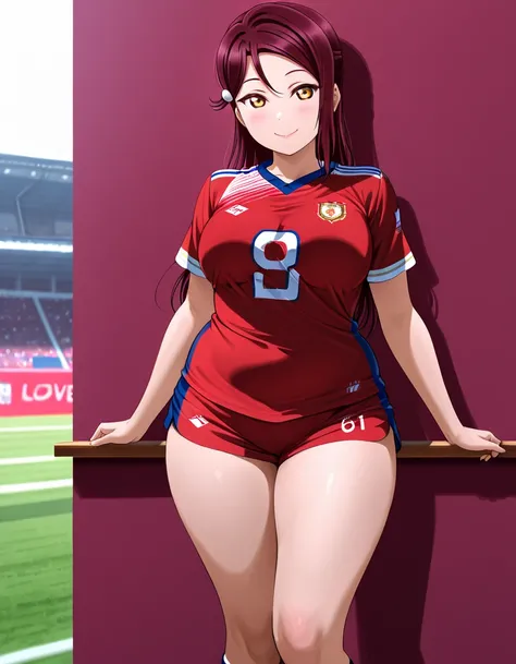  masterpiece,  top quality, Realistic anime art, alone, Wear soccer clothes , big breasts ,Dark red hair , SHORT SLEEVE,  thighs, yellow eyes , (((Love Live！ Sakurauchi Riko ))) ,  is standing , viewers, plump body,smile,お臍