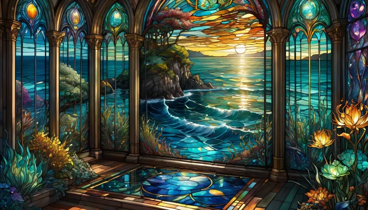 Stained glass, picturesque seascape, Dan Mumford, Cyril Rolando, MW Kaluta, Louis Comfort Tiffany, Dale Chihuly, hyper-detailed, hyperrealistic, digital art, 8k resolution, beautiful colors, tarot card, awe, made of stained glass, detailed, Hyperdetailed s...