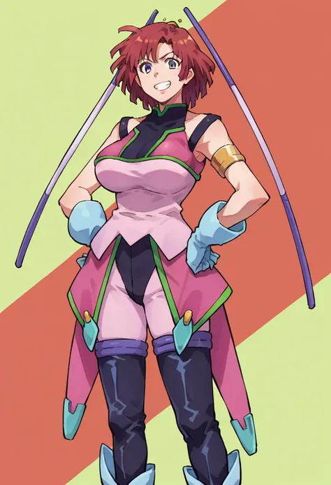 score_9,score_8_up,score_7_up,anime coloring BREAK source_anime,anime,leena,1girl,solo,red hair,short hair,hair ornament,pilot suit,armlet,gloves,boots,grin,hands on hips,multicolored background,looking at viewer,portrait,cowboy shot,huge breasts,