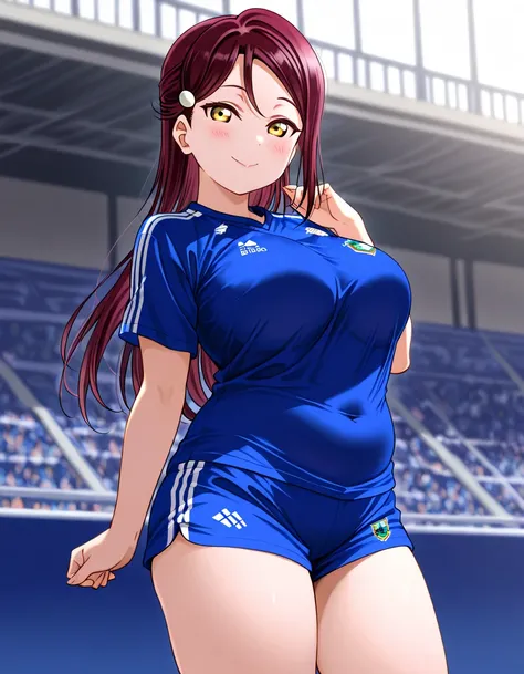  masterpiece,  top quality, Realistic anime art, alone, Wear soccer clothes , big breasts ,Dark red hair , SHORT SLEEVE,  thighs, yellow eyes , (((Love Live！ Sakurauchi Riko ))) ,  is standing , viewers, plump body,smile,お臍,汗まみれ,艶のある肌,艶のある唇,頬を赤らめている