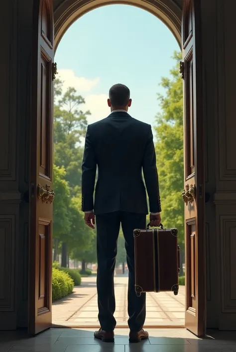 Man holds a suitcase in his hands in front of the house's exit door