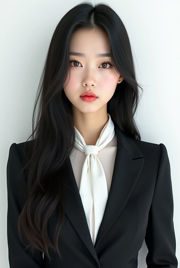 Korean adult girl, long straight black hair, brown eyes, not smiling onto the camera, white background, she wears a black suit with a white tie