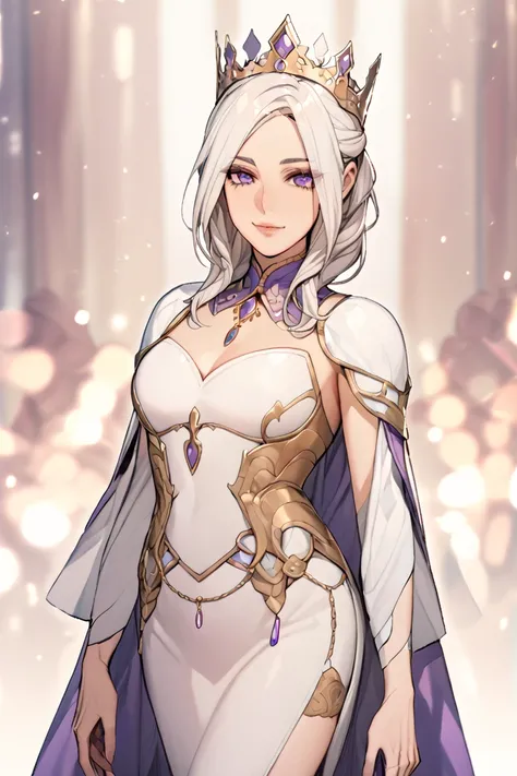 A white haired queen, gentle face, purple eyes, middle-age, beautiful, pretty, light skin