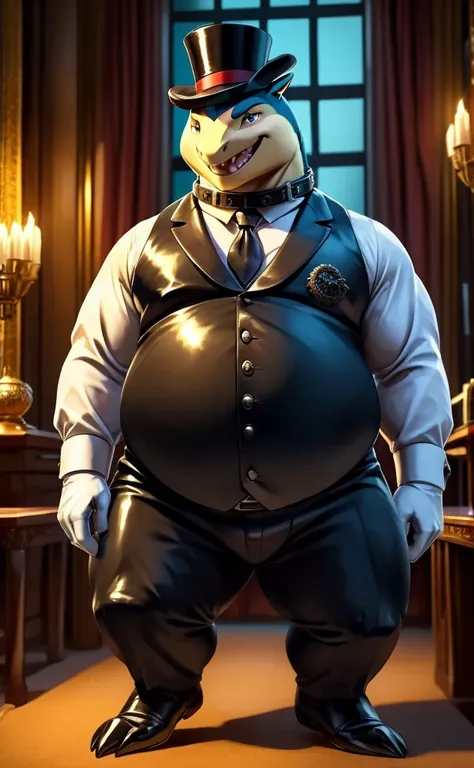 Solo, Male, close up, fat, musclegut, obese, steampunk, gentleman, dapper Typhlosion, blue eyes, wearing a big leather collar around his neck, (soft shading), 4k, hi res, ((detailed face, detailed)), looking at viewer, evil grin, collared shirt with button...