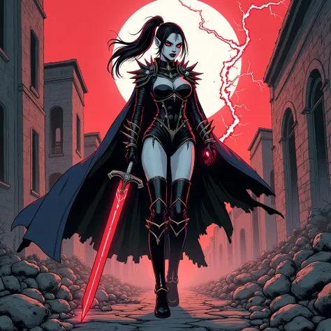 A full-body illustration of a fierce female warrior standing among the ruins of an abandoned village, wielding a red longsword with black veins. She has snow-white skin, pointy ears, red eyes, and long black hair in a ponytail with loose strands. A feather...