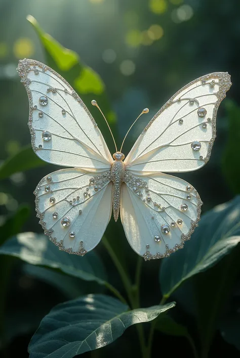 Realistic white butterfly .  She has diamonds on her wings. beautiful butterfly 