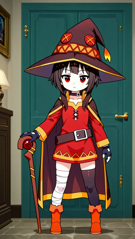  Megumin,  deformed , SD,  cute,  standing with the left hand on the lower back , Cane in right hand,  short hair,  black hair,  triangular hat,  Red Eyes ,  side lock,  long hair,, thigh high socks,  gloves,  above Decorati has ,  red dress, ブラック gloves, ...