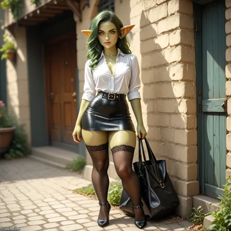 Goblin Girl, Short stature, dark green long hair, beatiful face, sexy facial expression, Facing the camera, green skin, Skin color: green, Body glare, ((pretty eyes)), green colored eyes, ((Perfect Sexy Figure)), Ideal body shapes, big thighs, ((Subtle and...