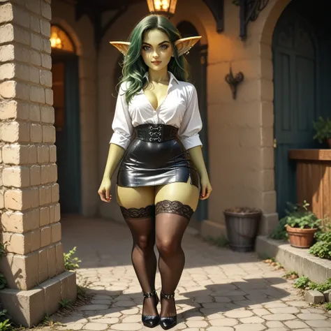 Goblin Girl, Short stature, dark green long hair, beatiful face, sexy facial expression, Facing the camera, green skin, Skin color: green, Body glare, ((pretty eyes)), green colored eyes, ((Perfect Sexy Figure)), Ideal body shapes, big thighs, ((Subtle and...