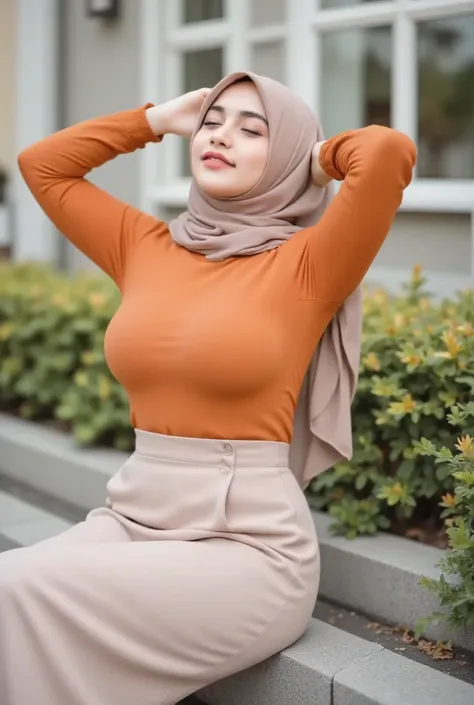 ** Description Image for AI :**  

 This image features a woman in a hijab sitting casually on the edge of the street against a slightly blurred urban background .  She is wearing a hijab a neatly draped beige color with natural folds ,  combined with an o...