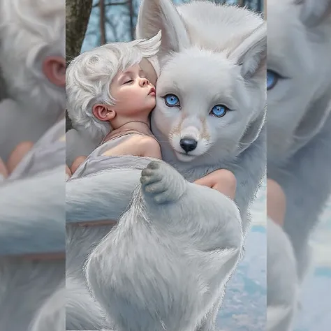  Great Painting,  A cute picture of a beautiful baby with fox ears , White hair ,  She is sleeping on the lap of a huge white fox ,  A great heavenly mythical creature ,  with remarkable blue eyes ,  thick soft fur .   They are in a snowy forest  ,  The ba...