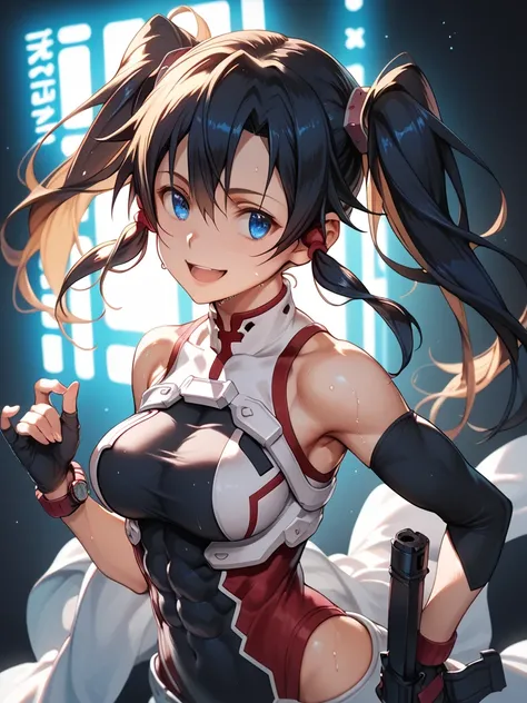  masterpiece,  top quality,  great quality,smile, sweat, twin tails,  side angle,  upper body,  full body tights,  Cybernetic , holding a handgun, dynamic angle ,,  Watch viewers,  backlight,  one side light ,round background ,   with Blue Neon Lights ,  b...