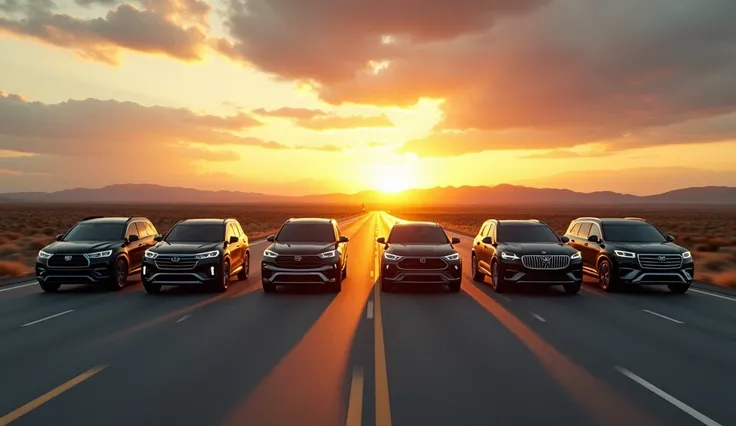 A wide highway at sunset with ten modern SUVs driving side by side in perfect alignment. The vehicles include the Ford Puma, Kia Sportage, Honda CR-V, Land Rover Range Rover, Audi Q7, Mercedes-Benz GLE-Class, Volvo XC90, Toyota Land Cruiser, Volkswagen Tao...