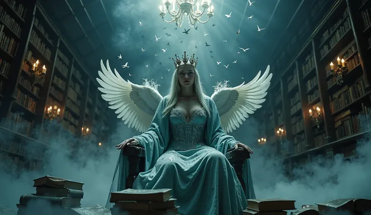 Dark fairy-tale scene of a queen wearing a crown of frozen tears, seated on a throne of melting books, ink-stained doves erupting from her sleeves, set in a library with laddered shelves reaching into stormy skies, chiaroscuro lighting from a single flicke...