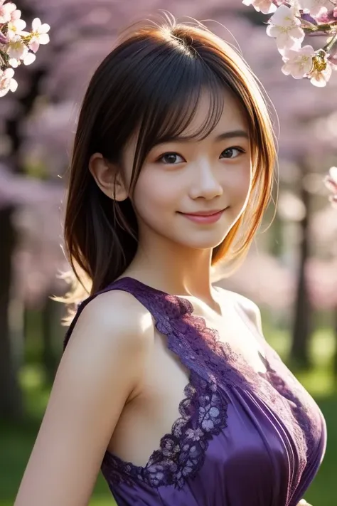 (8k, RAW photo, photorealistic, HQ, masterpiece), a cute Japanese woman, (glowing eyes), 
(shy smile), brown hair, (Violet color dress, sleeveless long dress, elegant lace silk fabric dress:1.2), large breasts, (in Cherry Blossom Forest), Seductive pose, 
...