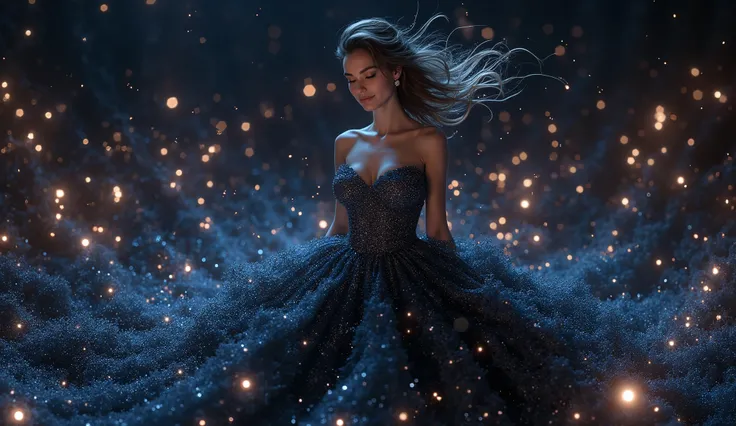 A stunning Pixar 3D rendering in the style of Pete Docter showing an elegant woman whose magnificent dark dress transforms into stars mathematical waves, her gown seamlessly merging with an abstract environment through precise function-based patterns, dark...