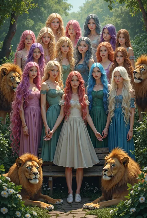 32 all with different hairstyles and colorful beaches like Rapunzel's hair and blue eyes wearing beautiful gloves, and standing in a lush garden near a bench surrounded by lions 