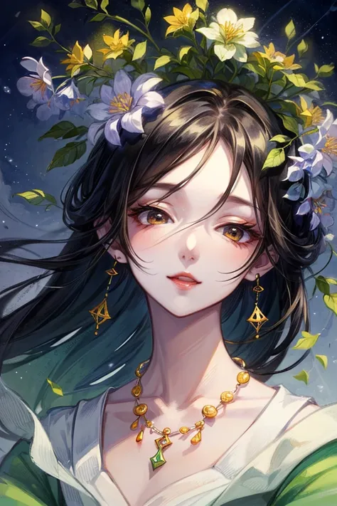 Rich ink painting 、  top quality、  masterpiece、   high image quality 、  Official Art、  young,  graceful and beautiful woman 、 perfect face 、 long brownish black hair  、  perfect style、 wearing a light purple transparent dress 、  earrings、  necklace、  full ...