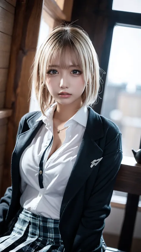 (( Masterpiece,  top quality,  Hi-Res,  super high heels)),  Japanese high school girl,( by Nomi:1.5)、great face、 Closed Mouth、 sharp mouth、With a pout、Glossy Lips 、 short hair,(Beautiful blonde:1.5)、 high school uniform,( black blazer, dress shirt, plaid ...