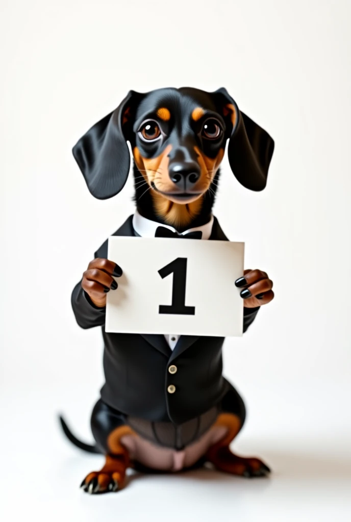 Black Dachshund, sitting, Mero tuxedo dress, holding a sign that has the number 1 written on it.  the image must have a white background 