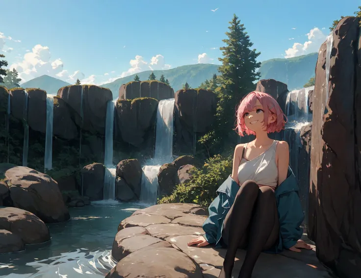 One woman、 pink hair、 looking into the distance 、 is looking up at the sky、 black tights、smile、Vast Nature、waterfall、tree、blue sky、Clear skies