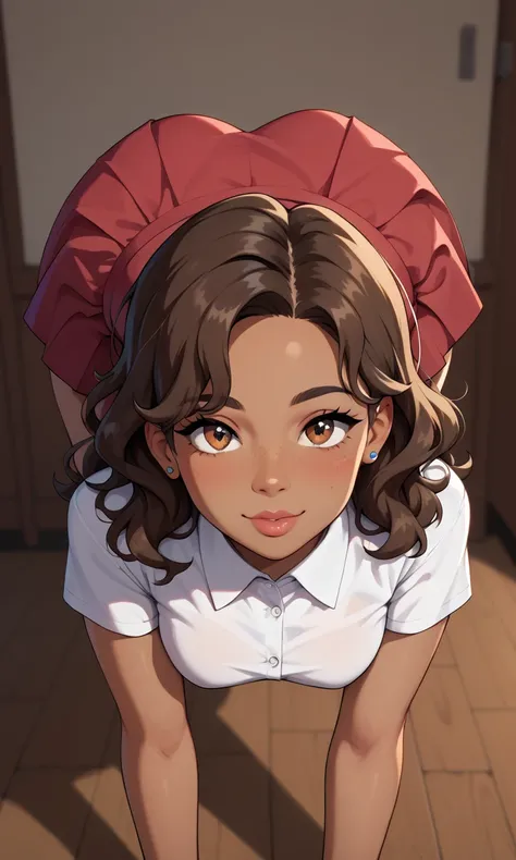 dark brown hair, wavy hair, dark skin, hazel eyes, round sweet face, thin waist, big tits, big ass. wearing a white polo collar. underneath is a skirt. student. bent over in class, at school, prengant, pov