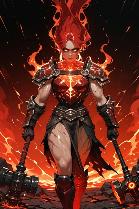 Ares, the Greek god of war, strides across a smoldering battlefield littered with broken spears and shields. His muscular body is clad in jagged, crimson-black armor that glows like molten lava, with cracks revealing fiery energy beneath. His eyes blaze wi...