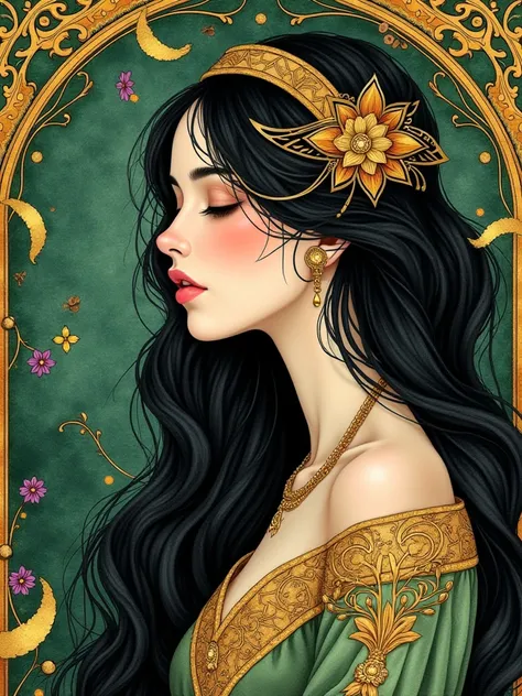 watercolor, an attractive, beautiful woman in the style of Art Gustav Klimt and Alphonse Mucha,with intricate gold patterns and ornate designs. She has long,flowing black hair adorned with golden accessories, including a large. Her eyes should be gently cl...